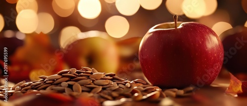 Red apple and flax seeds autumn harvest still life photography