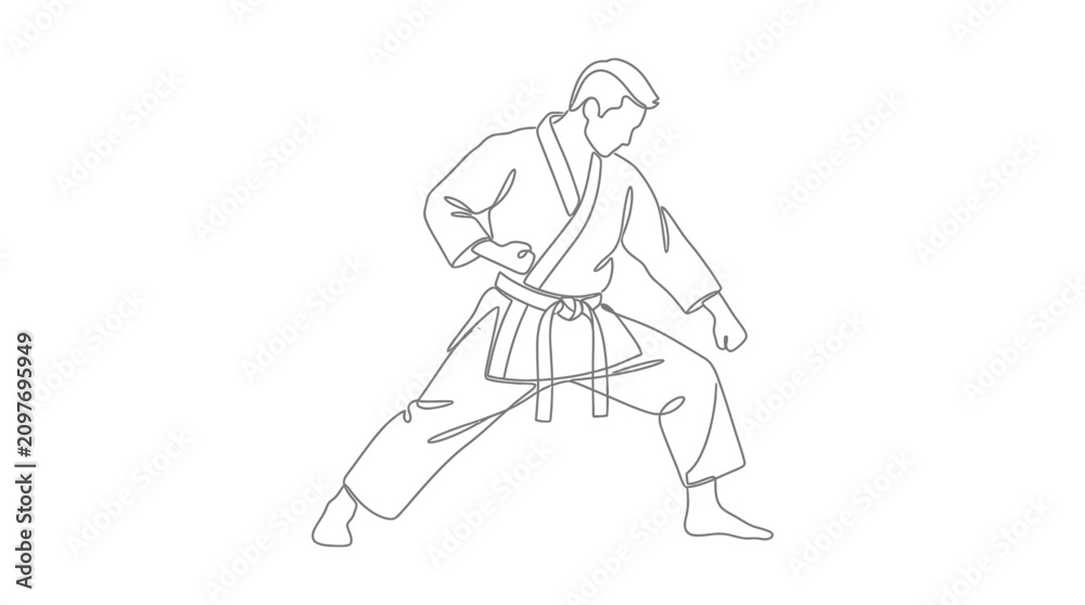 Fototapeta premium Martial arts instructor in dynamic stance with gi and belt