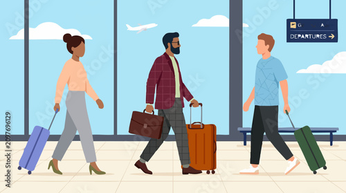 Fényképezés People walking with luggage in airport departure terminal, travel illustration