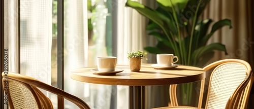 Sunlight illuminates two coffee cups on a wooden table in a peaceful setting