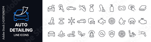 Modern car wash services line icon set featuring auto detailing, vehicle cleaning, pressure washing, waxing, interior care, maintenance, and automotive service symbols.