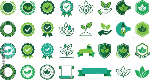 Eco friendly organic bio badges vector illustration set for natural cosmetic label template packaging design