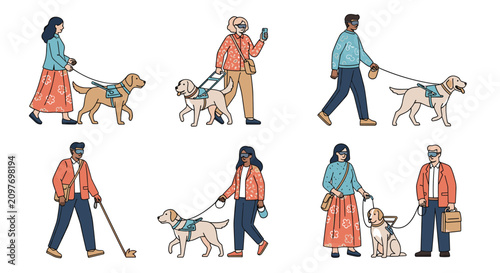 Illustrations of various blind or visually impaired individuals navigating with the help of guide dogs, white canes, and other assist devices.