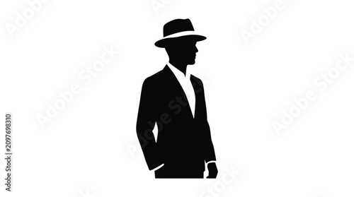 Bild auf Leinwand Man In Suit And Fedora Hat Black Silhouette
