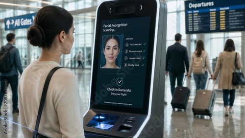 Woman stands before facial recognition kiosk in airport. Screen displays her verified identity with checkmark