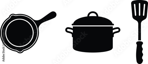 Foto Black silhouettes of frying pan, Pot, And spatula on white background