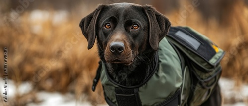 Black dog with protective vest outdoors