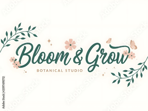 Bloom and grow botanical studio elegant logo design with pink flowers butterflies and dark green script calligraphy.