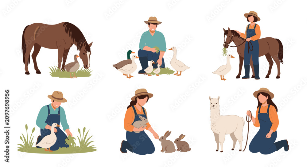 Fototapeta premium Collection of male and female farmers caring for domestic farm animals like horses, ducks, rabbits, and llamas.