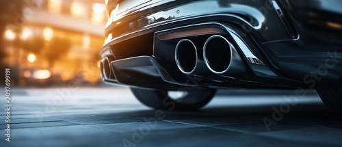 Sleek dual exhaust pipes on modern car evening city setting