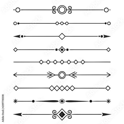 Foto Diverse set of decorative line dividers incorporating various geometric elements like circles, diamonds, and arrows, creating a cohesive collection for stylish text and section delineation