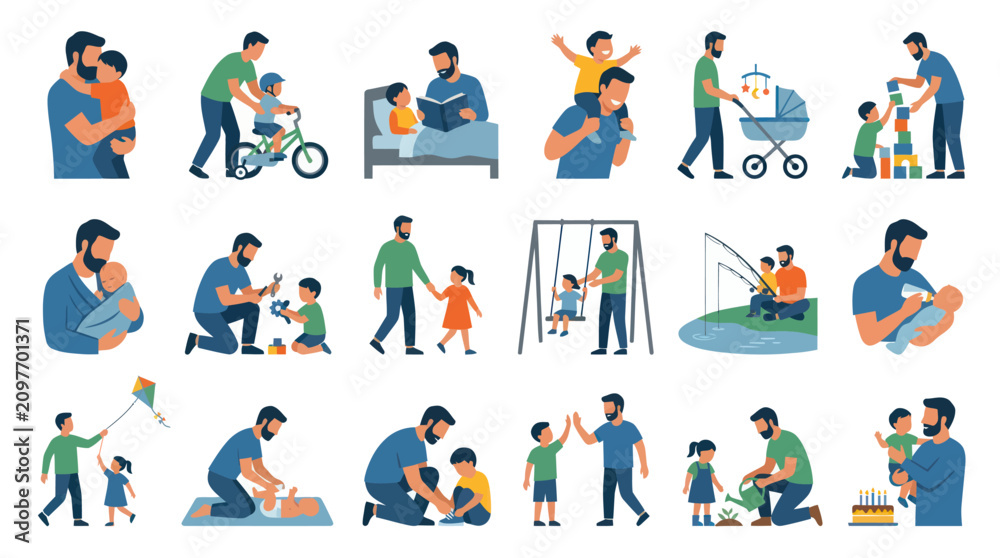 Fototapeta premium Father and Child Flat Illustration Set: Dads Engaging in Diverse Parenting, Family Lifestyle Activities