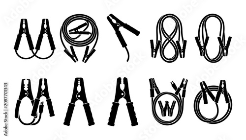 Jumper Cable Icon Collection Set Featuring Automotive Battery Booster Clamps and Electrical Power Cables