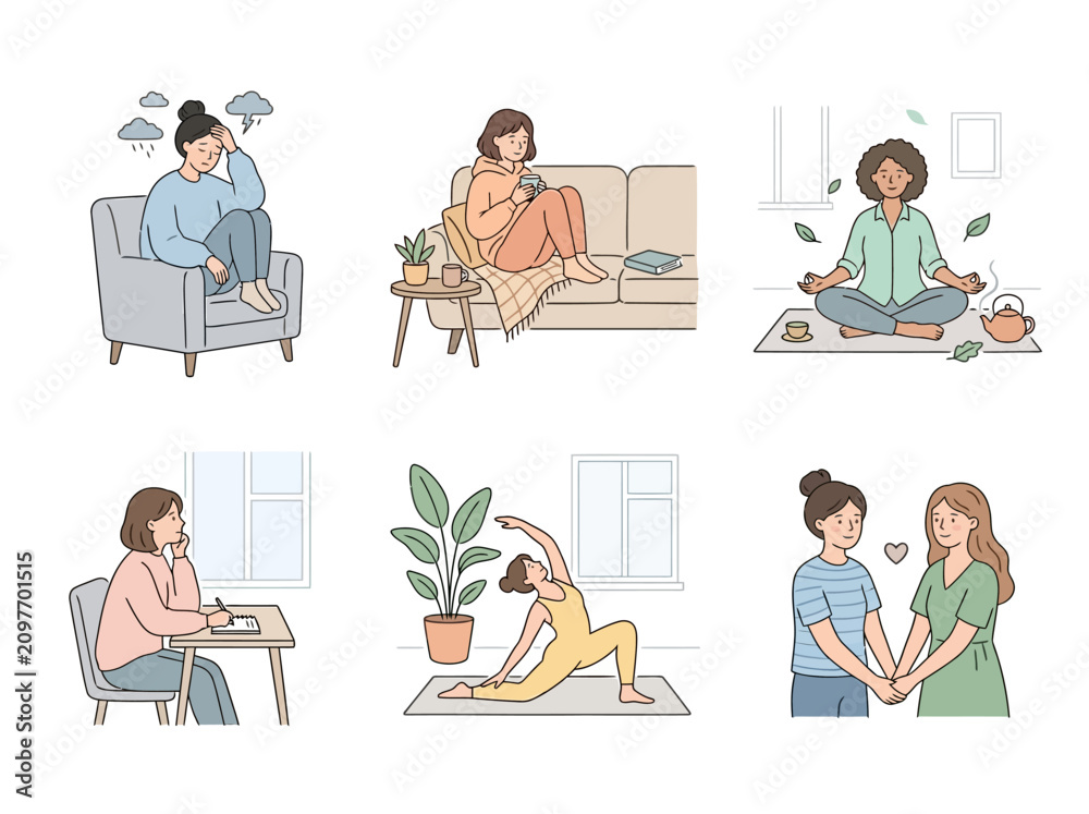Fototapeta premium Collection of women practicing self-care and mental wellness