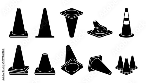 Traffic Cone Icon Set Featuring Construction Road Safety Markers and Orange Pylon Symbols in Various Angles