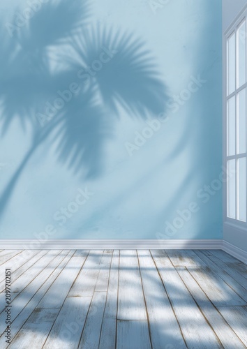 Palm tree shadow projected onto a light blue wall with wooden floor and window.