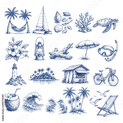 Beach and Tropical Vacation Hand-Drawn Elements Set
