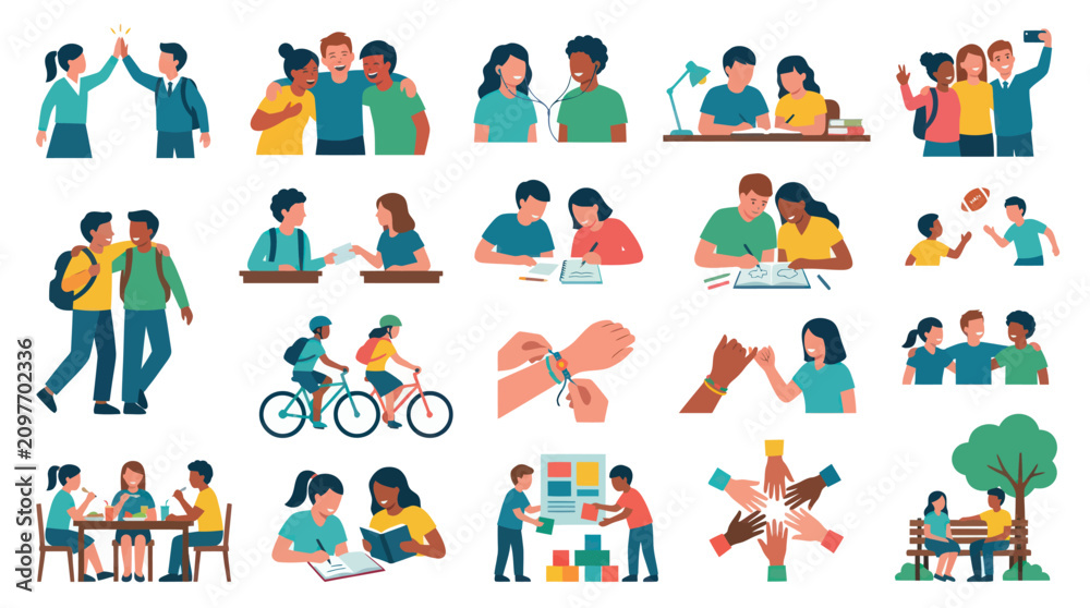 Fototapeta premium Flat Vector Illustrations of Diverse Youth: Friendship, Teamwork, Learning Social Connection Activities
