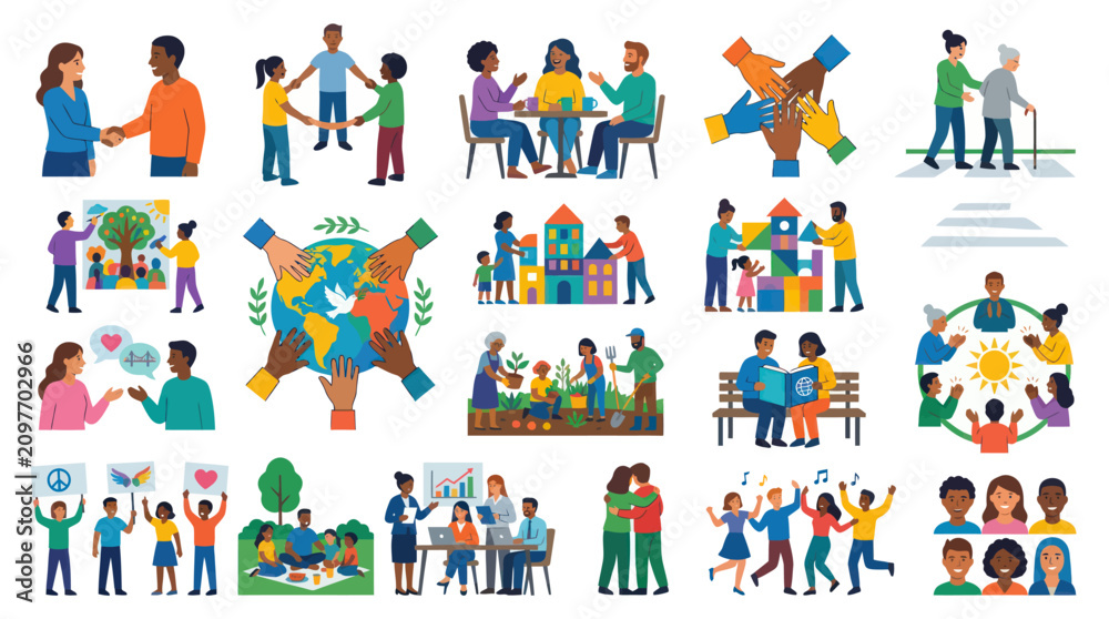 Fototapeta premium Diverse people collaborating and connecting, flat illustration, community concept