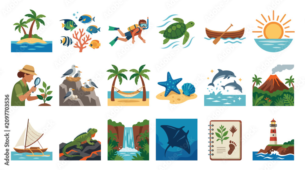 Naklejka premium Flat Design Ecology and Wildlife Icons Set: Marine Life, Tropical Islands, and Nature Symbols Collection.