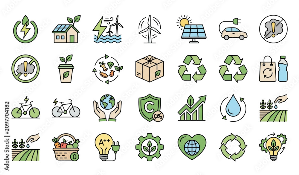 Fototapeta premium Sustainable Green Technology Outline Icon Collection with Renewable Energy Clean Transport and Biodegradable Concepts