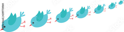 Fotografie A playful vector illustration featuring a row of blue cartoon birds flying in a line with each bird progressively smaller to create a sense of movement and perspective
