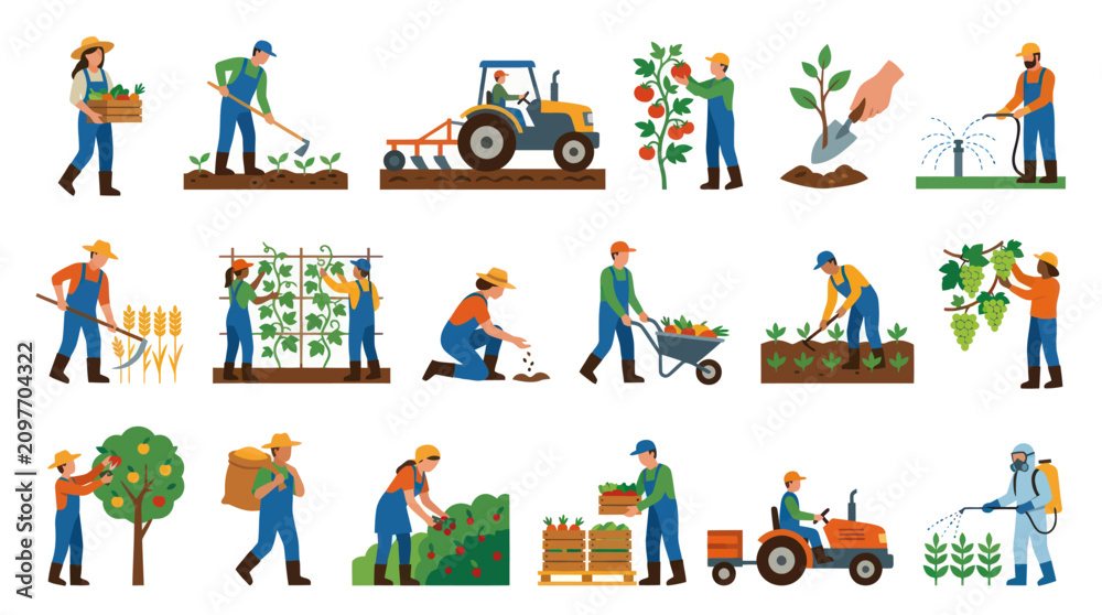 Naklejka premium Flat Illustration of Farmers Working in Fields with Tractors and Harvesting Crops