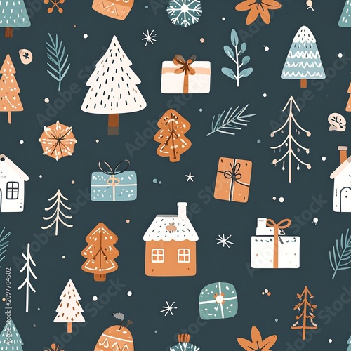 A festive holiday pattern featuring trees, gifts, and houses on a dark background