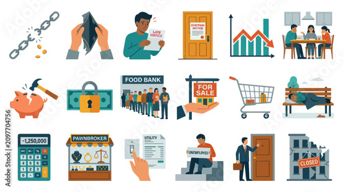 Financial hardship icons: poverty, debt, unemployment, housing crisis, broken chain