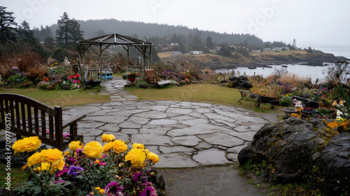 Peaceful Garden Gazebo Overlooking Coastal Water on a Cloudy Day.