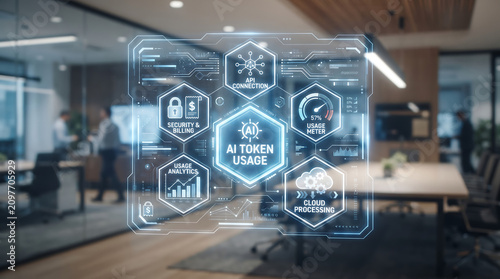 Innovative ai token usage system displaying api connection, security, usage meter, cloud processing, and usage analytics in modern office setting.