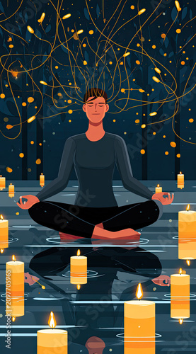 Person meditating surrounded by floating candles and abstract lights.