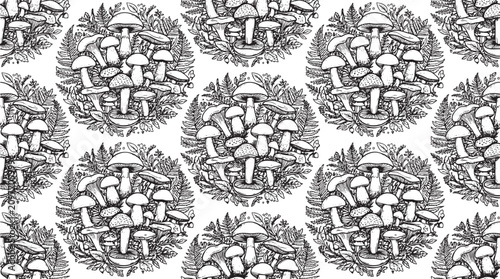 Wild forest mushroom circle mandalas seamless pattern