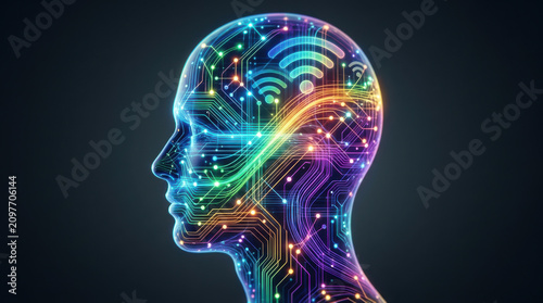 Digital human head with colorful circuit board and wireless signal icons, symbolizing technology and connectivity
