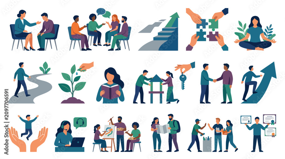 Fototapeta premium Flat Design Icons: Teamwork, Growth, Learning, and Success Concepts
