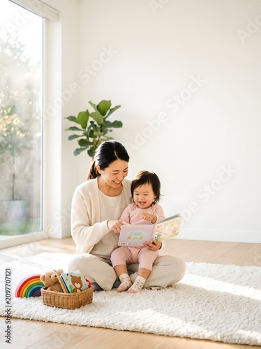 Happy Asian Mother and Baby Daughter Reading Storybook Together on Sunny Living Room Floor
