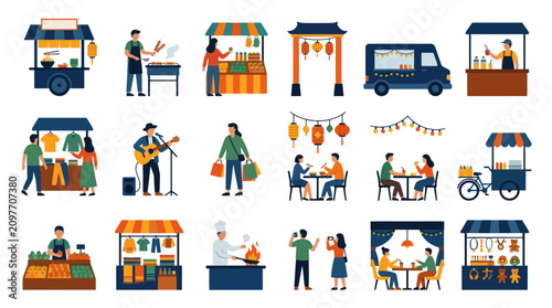 Flat Style Illustration of Street Food Vendors and Market Stalls with People