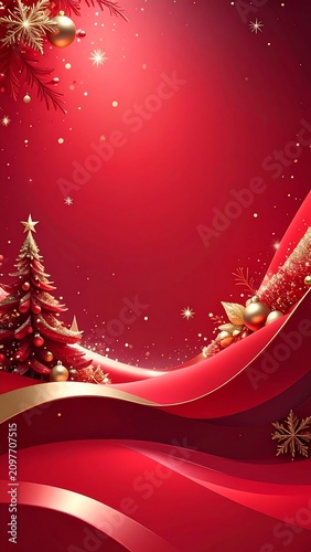 A festive holiday scene with a red background and gold accents featuring a decorated tree and snowflakes