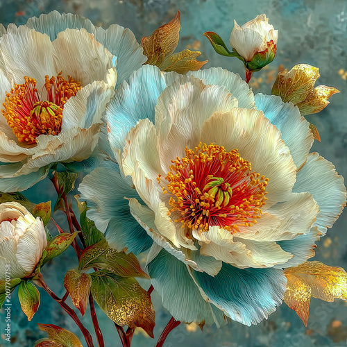 White peonies gold leaves