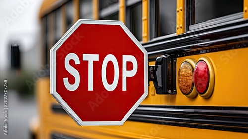 Detailed view of a school bus stop sign arm showing the safety feature and bright design with lights attached to a yellow bus parked against a light grey background