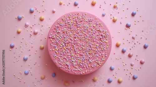 Pink Cake Decorated With Sprinkles And Small Candy Hearts Scattered Around.