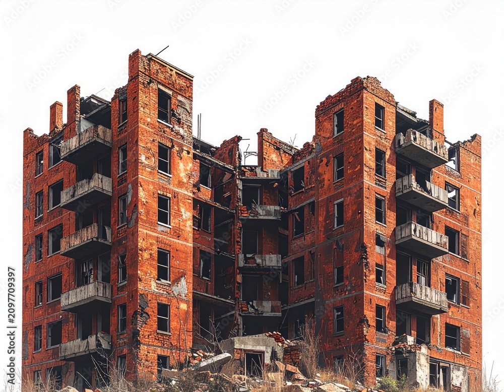 Fototapeta premium Crumbling brick apartment building with broken windows, balconies, and debris