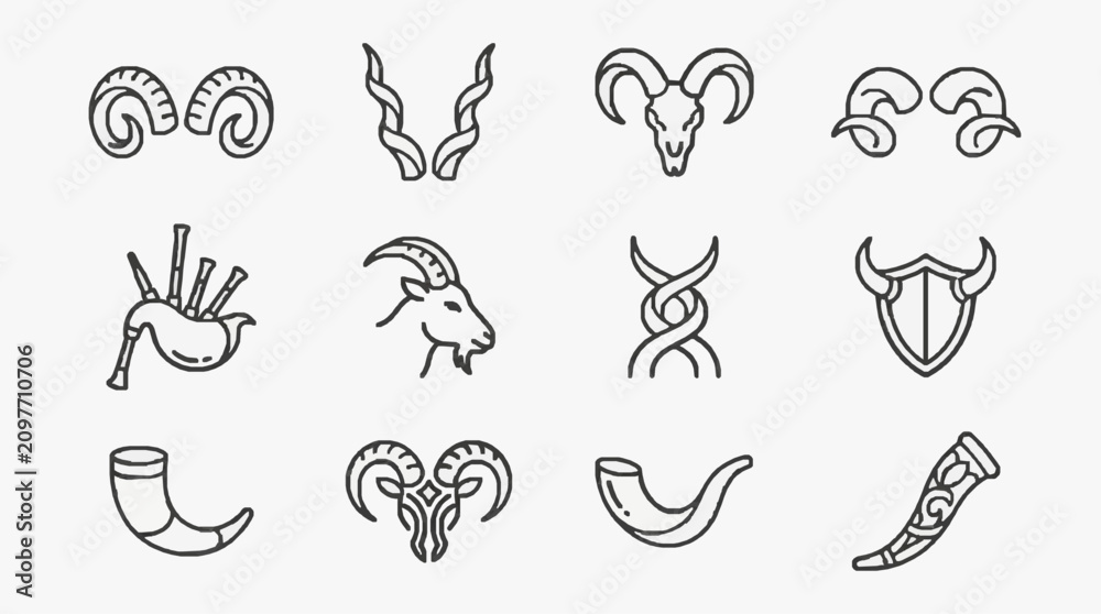 Fototapeta premium Professional Black and White Line Drawing Set of Various Ram and Goat Horns and Heads Symbols with high quality professional line art symbols for modern creative design and digital branding projects