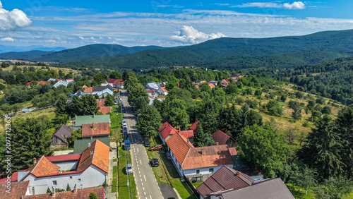 Scenic aerial drone landscape of Gărâna Village. The village was born in 1828, when German settlers, known as 