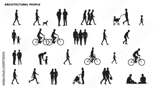 Architectural scale people silhouettes vector pack. Black figures of walking, sitting, biking people with dogs and strollers.