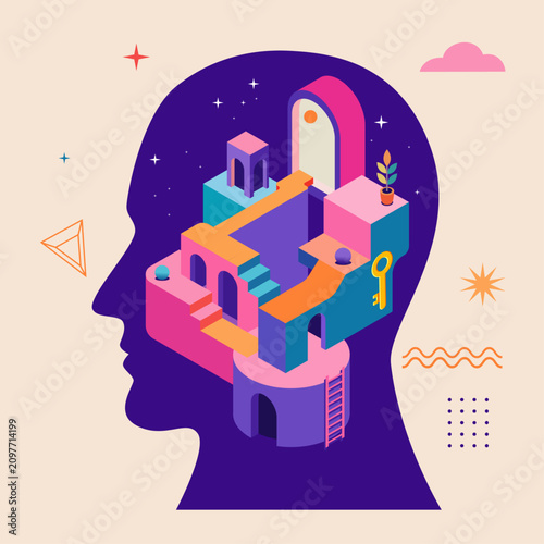 Mental Health Growth Journey Concept with Human Head Silhouette Abstract Isometric Blocks and Stairways
