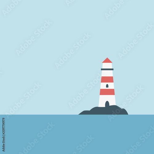 Minimalist flat vector illustration of a red and white lighthouse on a rocky island in the sea