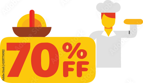 Restaurant chef illustration with a 70 percent off discount tag on transparent background.