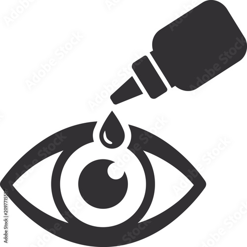 Black silhouette icon of an eye receiving a drop from a bottle, ideal for ophthalmology guides, allergy relief infographics, contact lens care instructions, and eye medication packaging