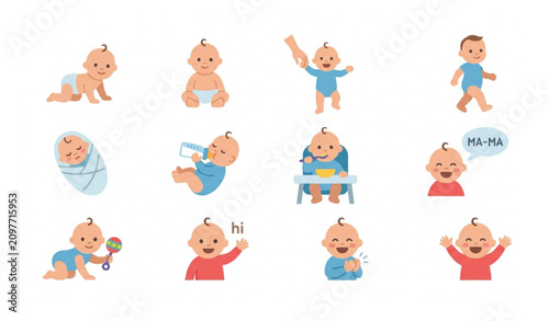 Baby growth stages flat vector icon set for parenting and child development isolated on white